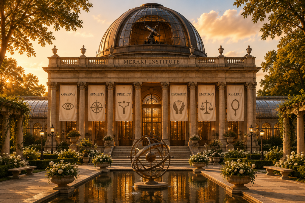 Meraki Institute — a domed observatory building at golden hour, with banners for Observe, Humility, Predict, Responsibility, Emotion, and Reflect.